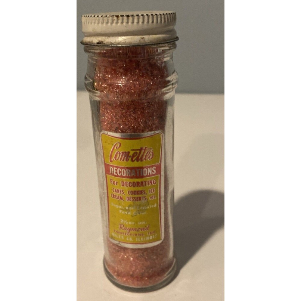 Vtg Comettes Pink Cake Sugar Sprinkle Decorations Glass Jar Metal Lid Com-ettes